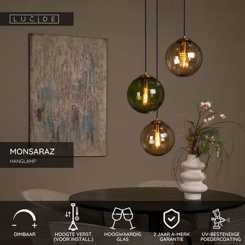 Lucide MONSARAZ - Hanglamp - Ø 35 cm - 3xE27 - Groen - USP